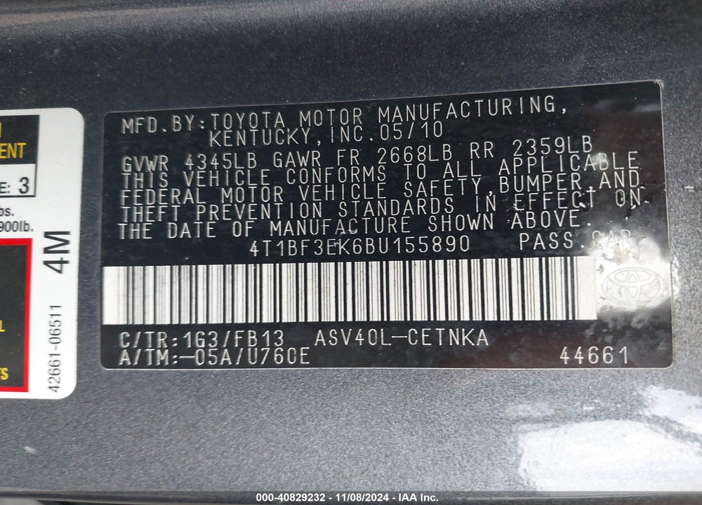 2011 TOYOTA CAMRY LE VIN: 4T1BF3EK6BU155890