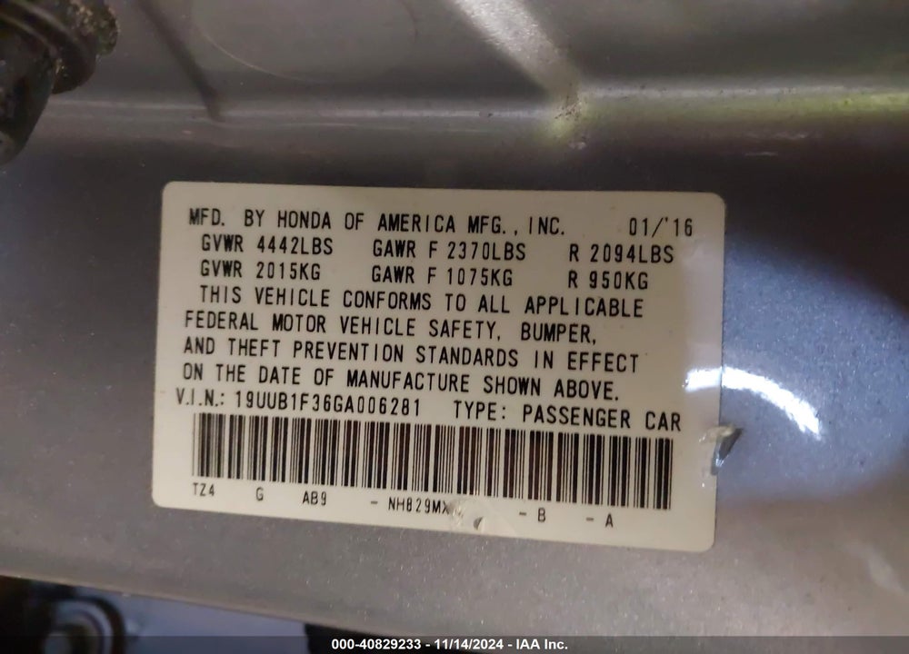 2016 ACURA TLX VIN: 19UUB1F36GA006281