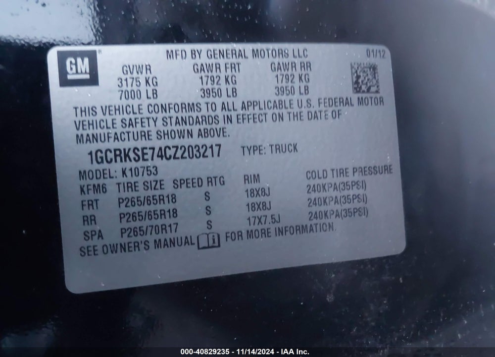 2012 CHEVROLET SILVERADO 1500 VIN: 1GCRKSE74CZ203217
