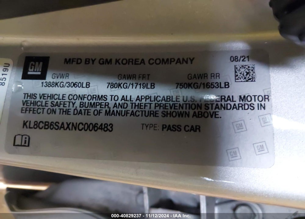 2022 CHEVROLET SPARK FWD LS AUTOMATIC VIN: KL8CB6SAXNC006483