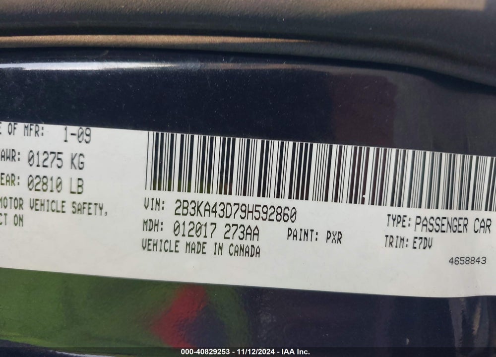 2009 DODGE CHARGER VIN: 2B3KA43D79H592860
