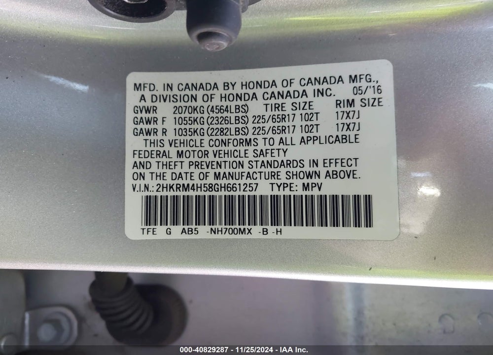 2016 HONDA CR-V EX VIN: 2HKRM4H58GH661257