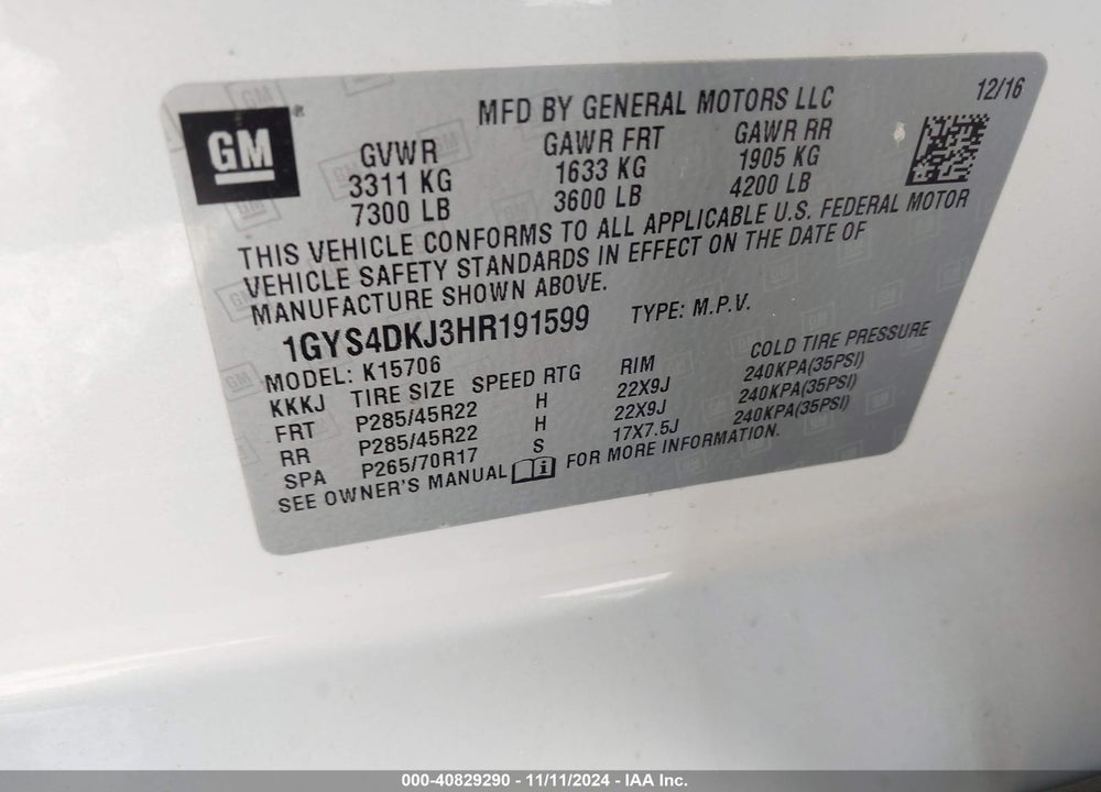2017 CADILLAC ESCALADE PLATINUM VIN: 1GYS4DKJ3HR191599