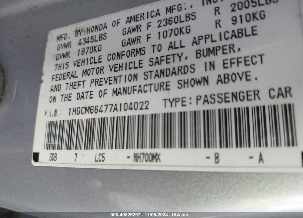 2007 HONDA ACCORD 3.0 SE VIN: 1HGCM66477A104022