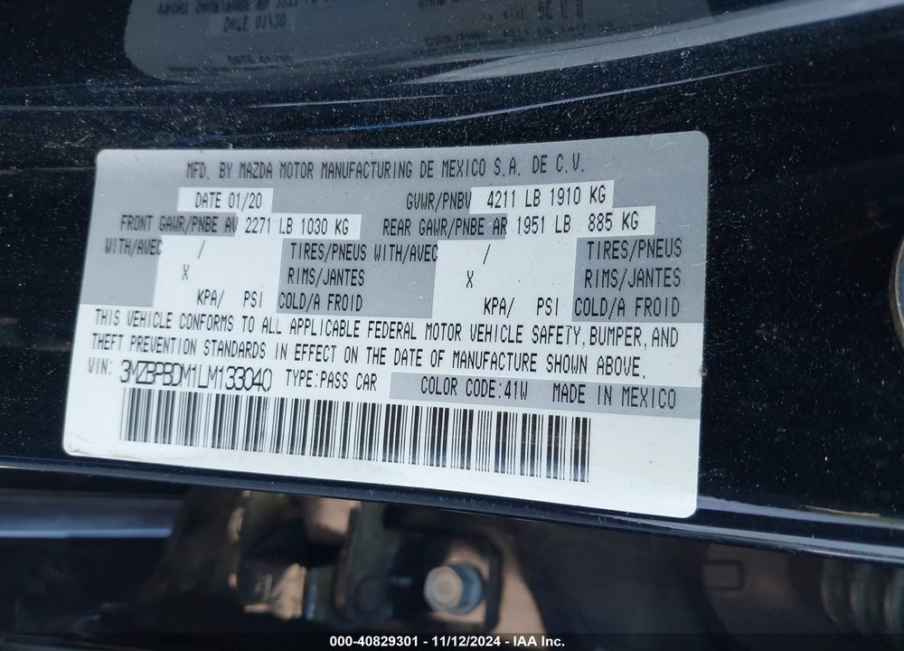2020 MAZDA 3 PREFERRED PACKAGE VIN: 3MZBPBDM1LM133040