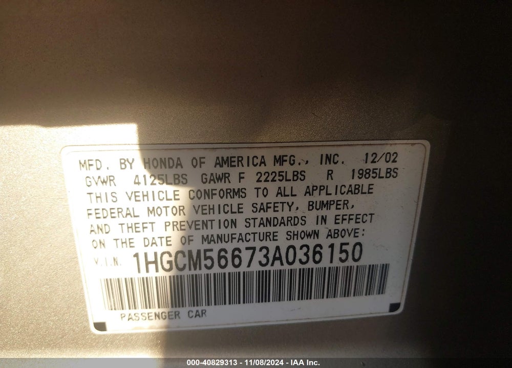 2003 HONDA ACCORD 2.4 EX VIN: 1HGCM56673A036150