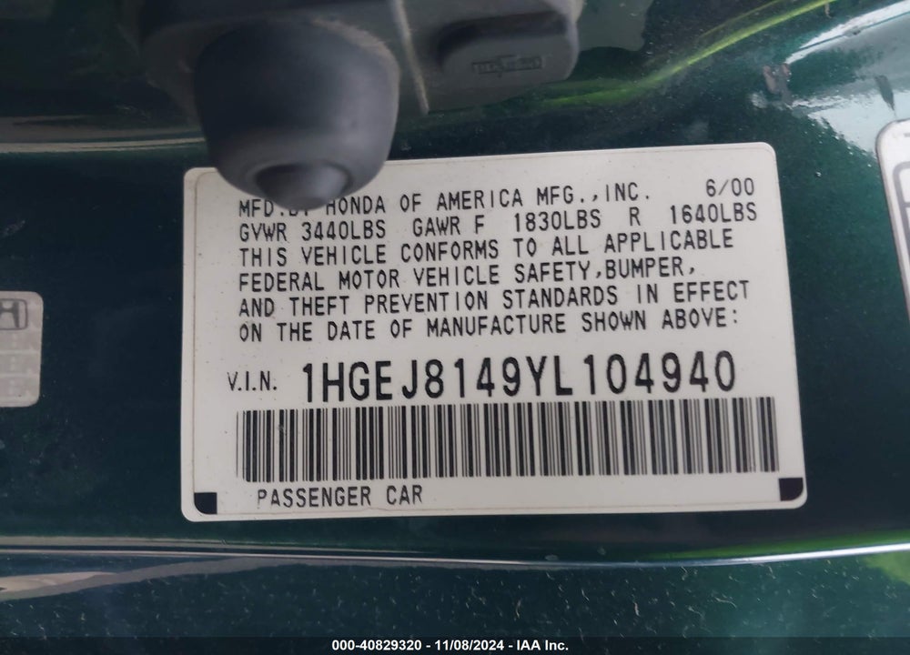 2000 HONDA CIVIC EX VIN: 1HGEJ8149YL104940