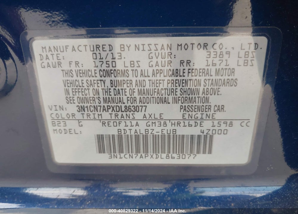 2013 NISSAN VERSA 1.6 SV VIN: 3N1CN7APXDL863077