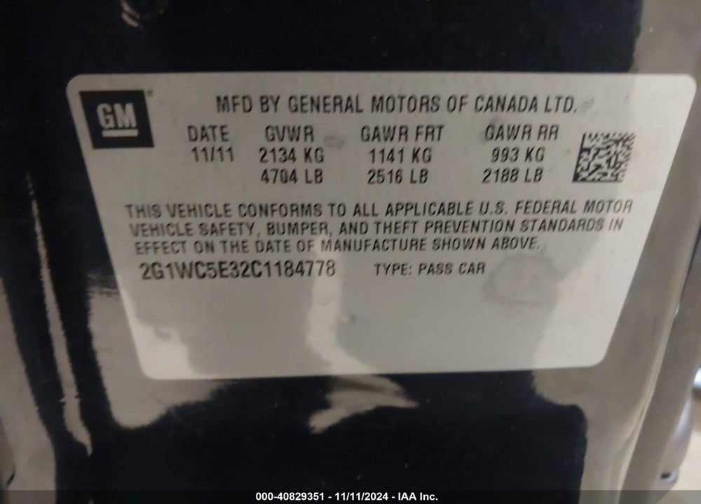 2012 CHEVROLET IMPALA LTZ VIN: 2G1WC5E32C1184778