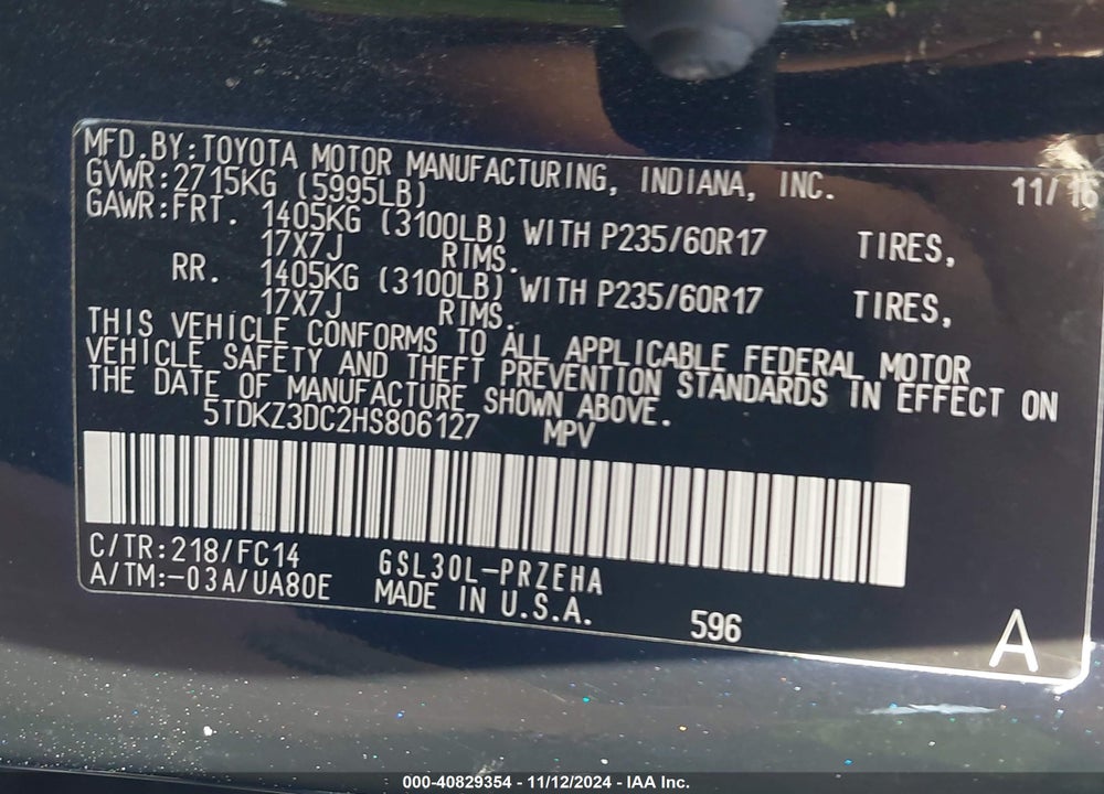 2017 TOYOTA SIENNA VIN: 5TDKZ3DC2HS806127