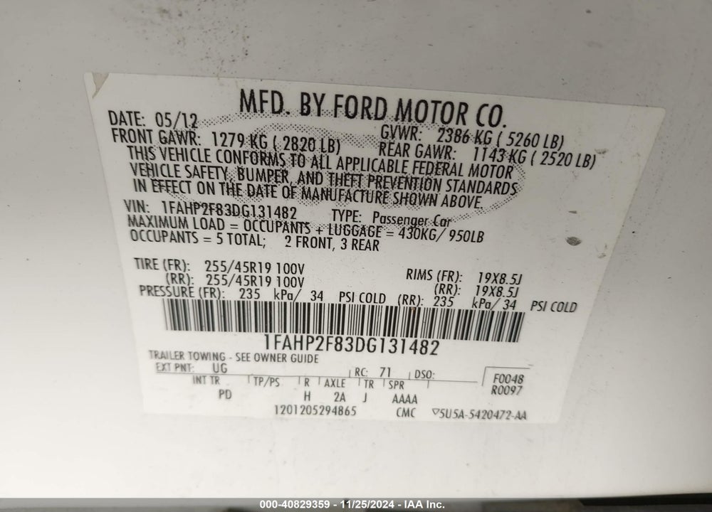 2013 FORD TAURUS LIMITED VIN: 1FAHP2F83DG131482