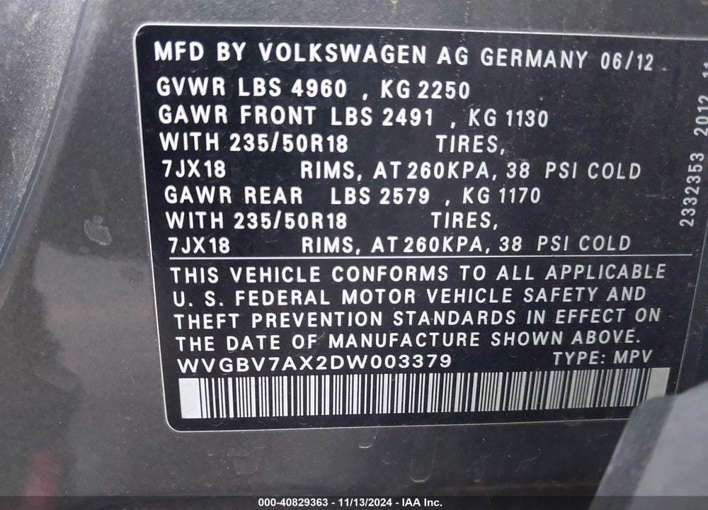 2013 VOLKSWAGEN TIGUAN SE VIN: WVGBV7AX2DW003379