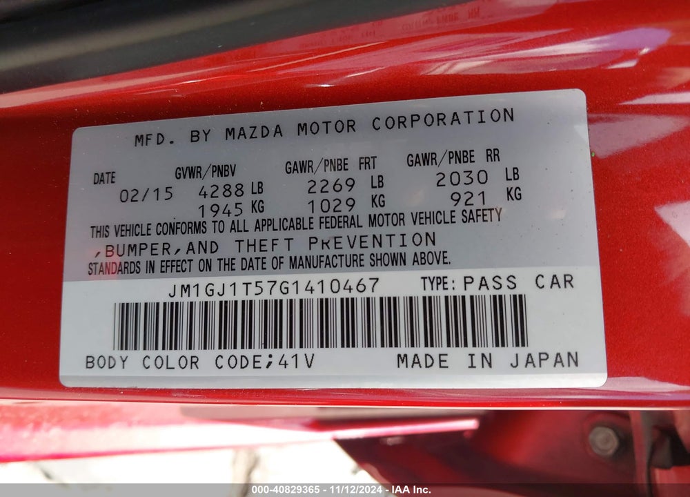 2016 MAZDA 6 I TOURING VIN: JM1GJ1T57G1410467