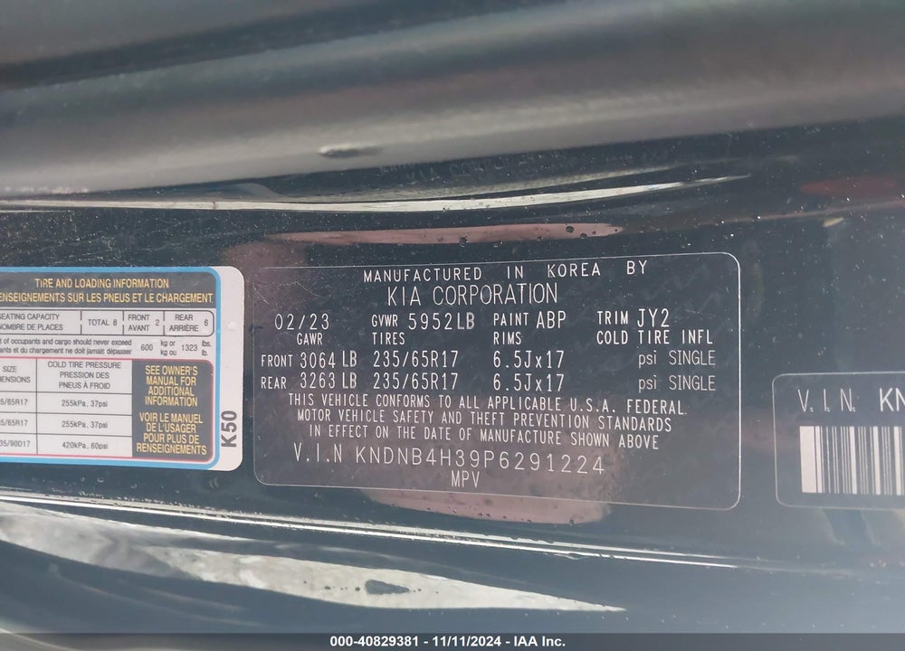 2023 KIA CARNIVAL MPV LX SEAT PACKAGE VIN: KNDNB4H39P6291224