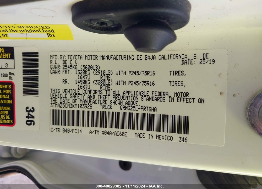 2019 TOYOTA TACOMA SR5 V6 VIN: 3TMAZ5CN3KM103928