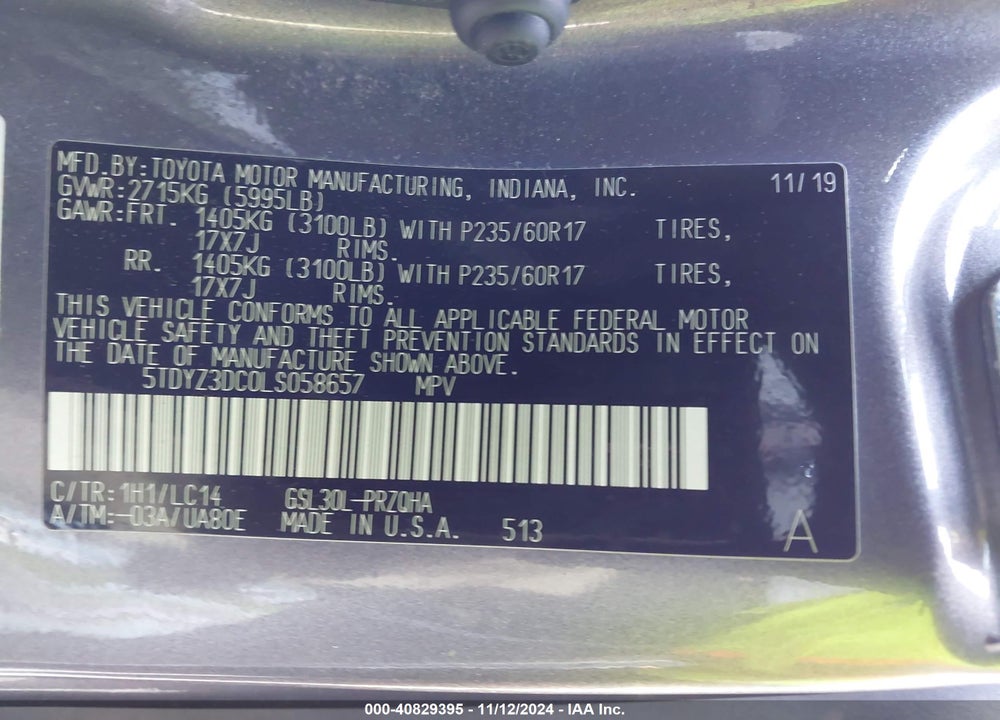 2020 TOYOTA SIENNA XLE VIN: 5TDYZ3DC0LS058657