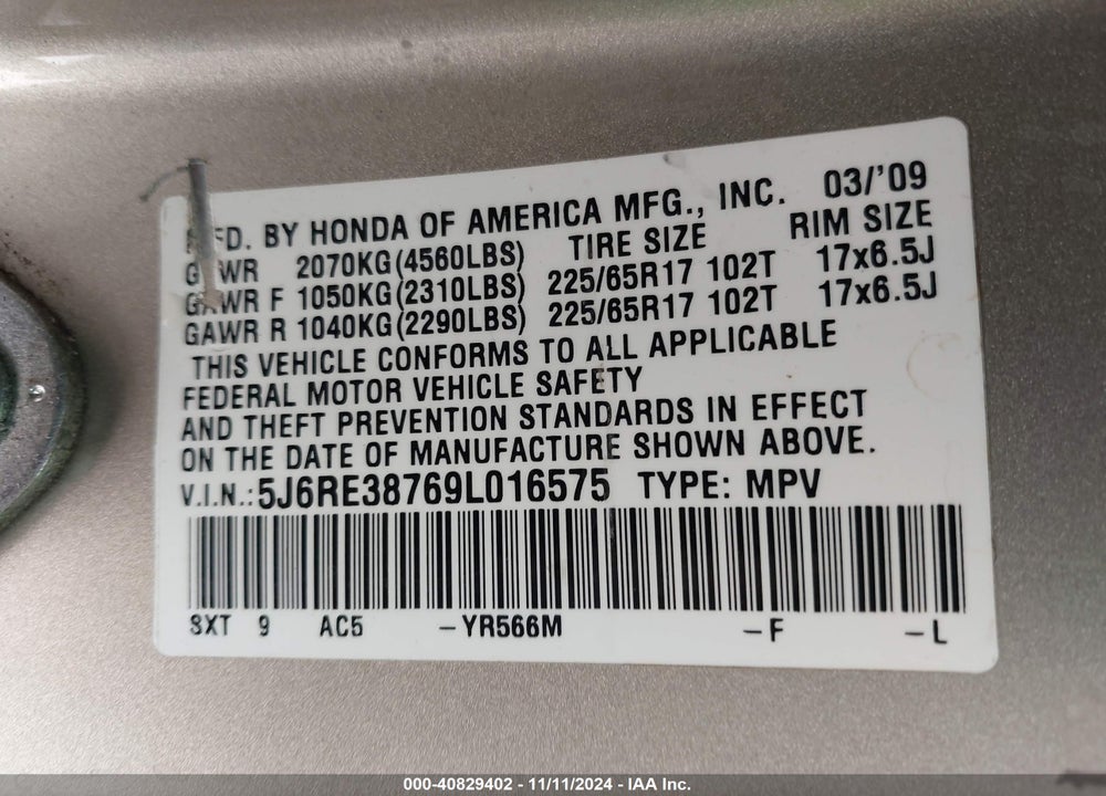 2009 HONDA CR-V EX-L VIN: 5J6RE38769L016575