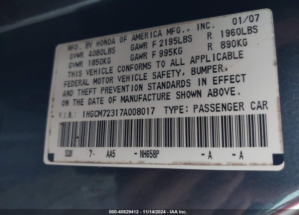 2007 HONDA ACCORD 2.4 LX VIN: 1HGCM72317A008017