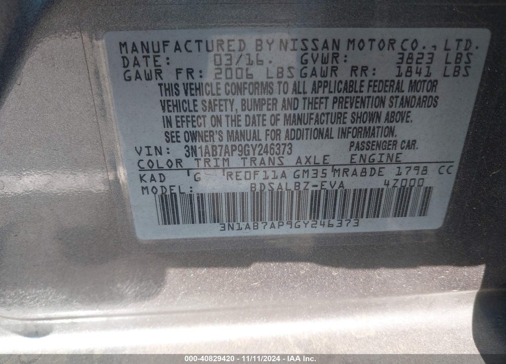 2016 NISSAN SENTRA FE+ S/S/SL/SR/SV VIN: 3N1AB7AP9GY246373
