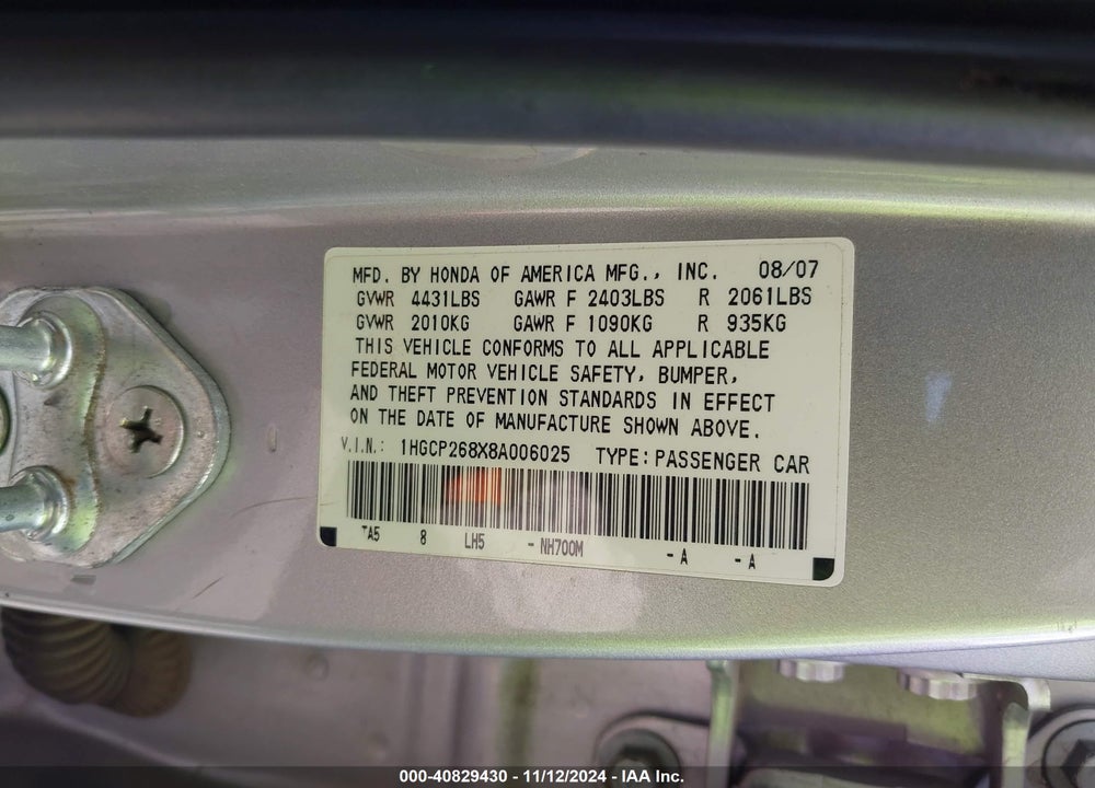 2008 HONDA ACCORD 2.4 EX-L VIN: 1HGCP268X8A006025
