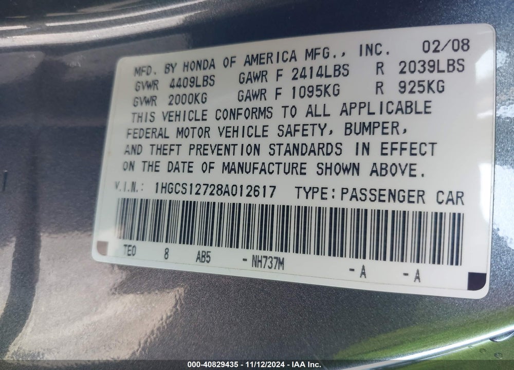 2008 HONDA ACCORD 2.4 EX VIN: 1HGCS12728A012617