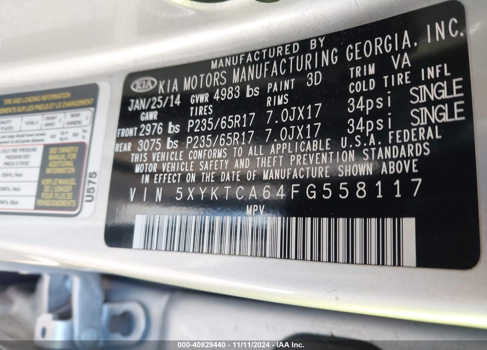 2015 KIA SORENTO VIN: 5XYKTCA64FG558117