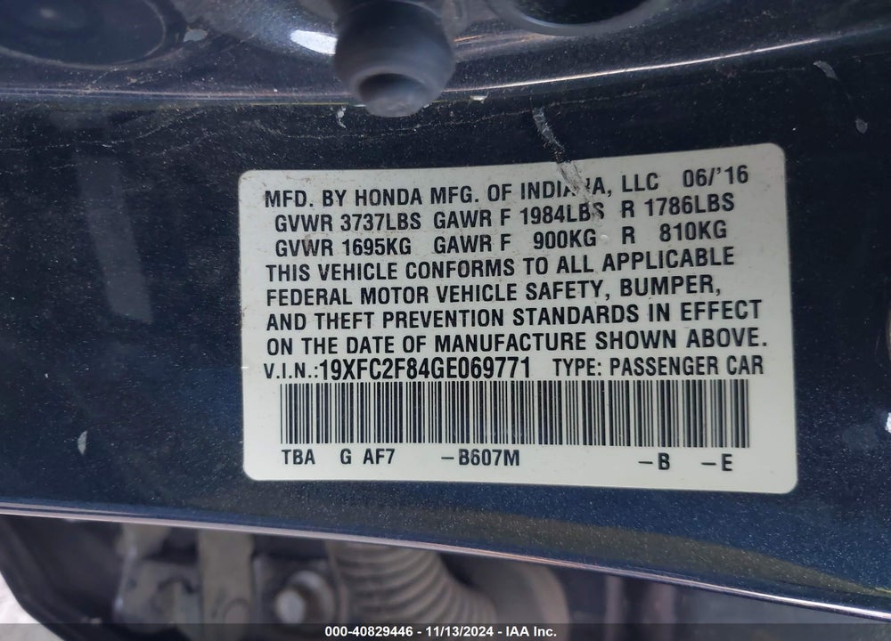 2016 HONDA CIVIC EX VIN: 19XFC2F84GE069771