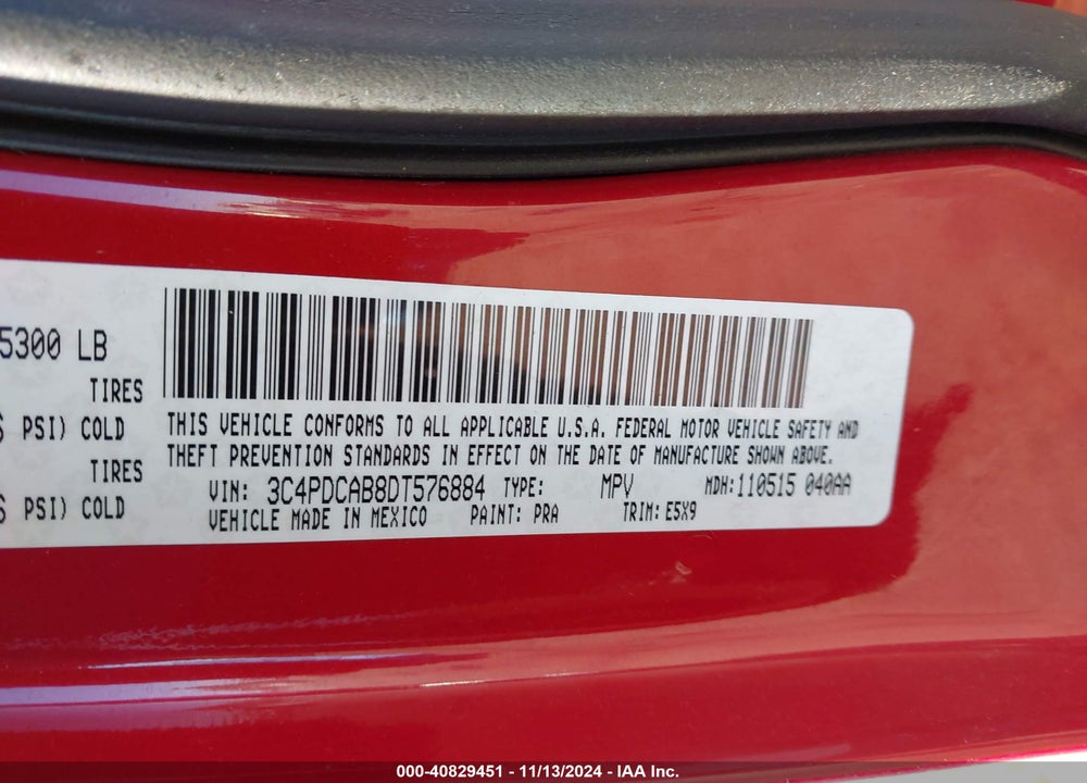 2013 DODGE JOURNEY AMERICAN VALUE PKG VIN: 3C4PDCAB8DT576884