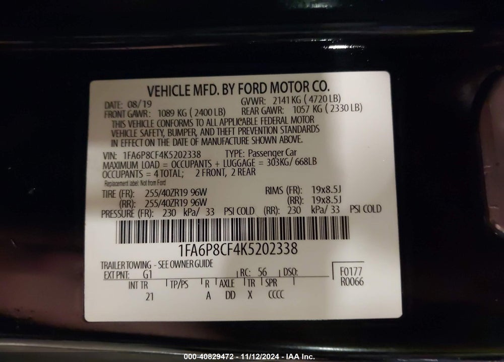 2019 FORD MUSTANG GT VIN: 1FA6P8CF4K5202338