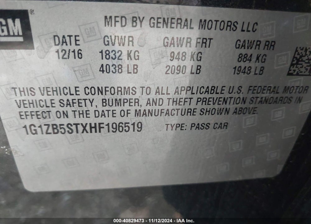 2017 CHEVROLET MALIBU LS VIN: 1G1ZB5STXHF196519