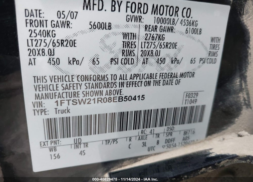 2008 FORD F-250 LARIAT VIN: 1FTSW21R08EB50415
