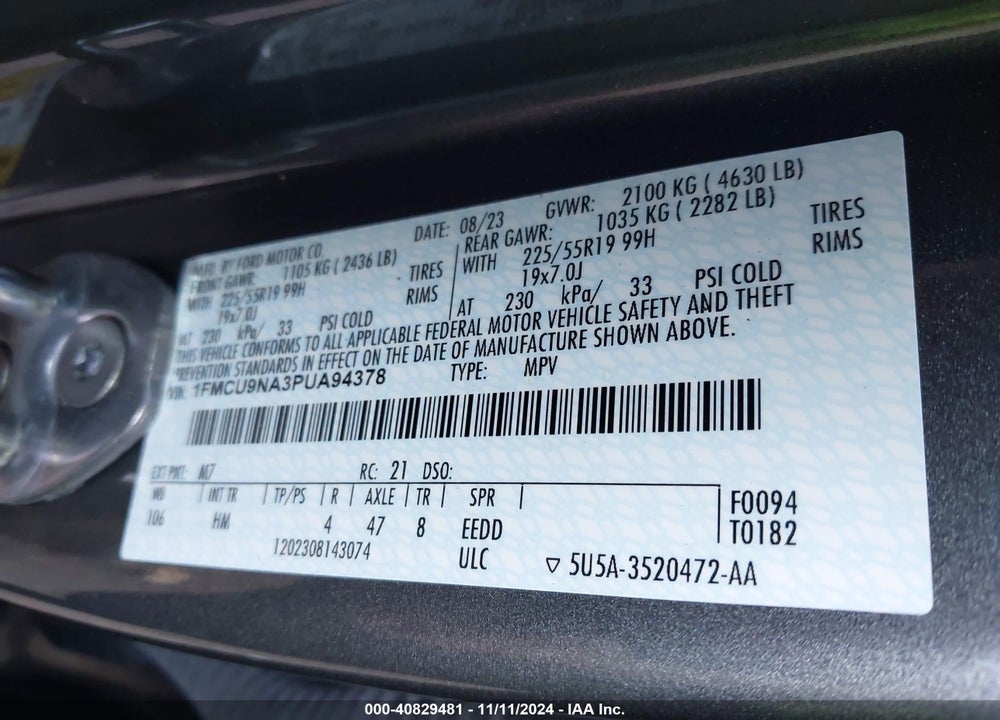 2023 FORD ESCAPE ST-LINE SELECT VIN: 1FMCU9NA3PUA94378