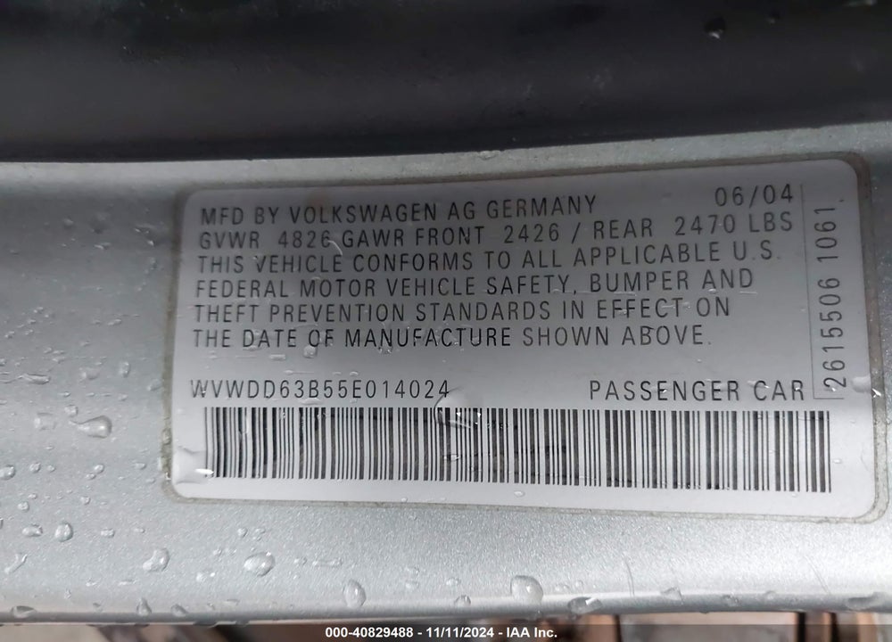 2005 VOLKSWAGEN PASSAT GLS VIN: WVWDD63B55E014024