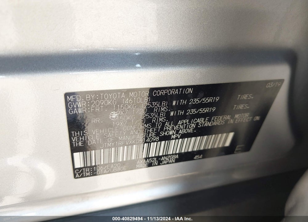 2019 TOYOTA RAV4 LIMITED VIN: JTMY1RFVXKD514098