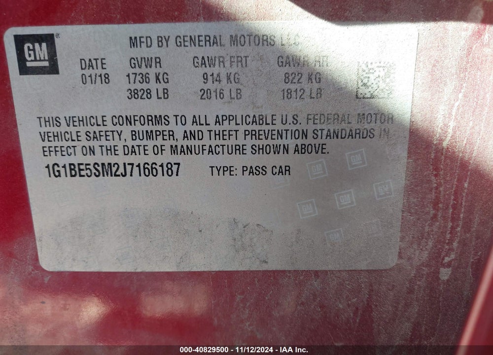 2018 CHEVROLET CRUZE LT AUTO VIN: 1G1BE5SM2J7166187