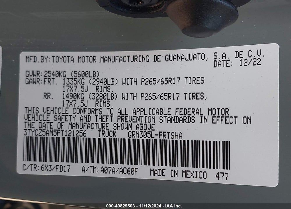 2023 TOYOTA TACOMA TRD SPORT VIN: 3TYCZ5AN5PT121256