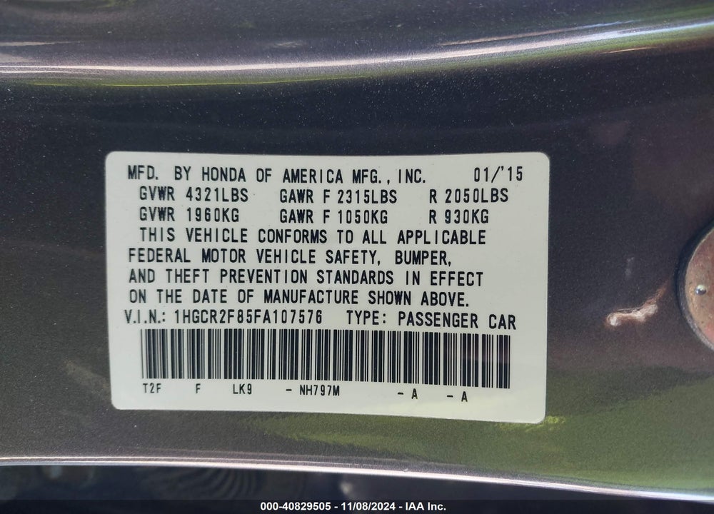 2015 HONDA ACCORD EX-L VIN: 1HGCR2F85FA107576