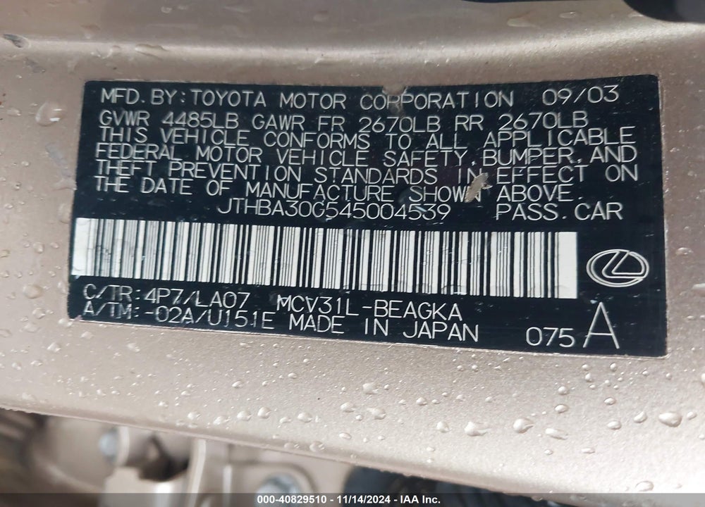 2004 LEXUS ES 330 BASE (A5) VIN: JTHBA30G545004539