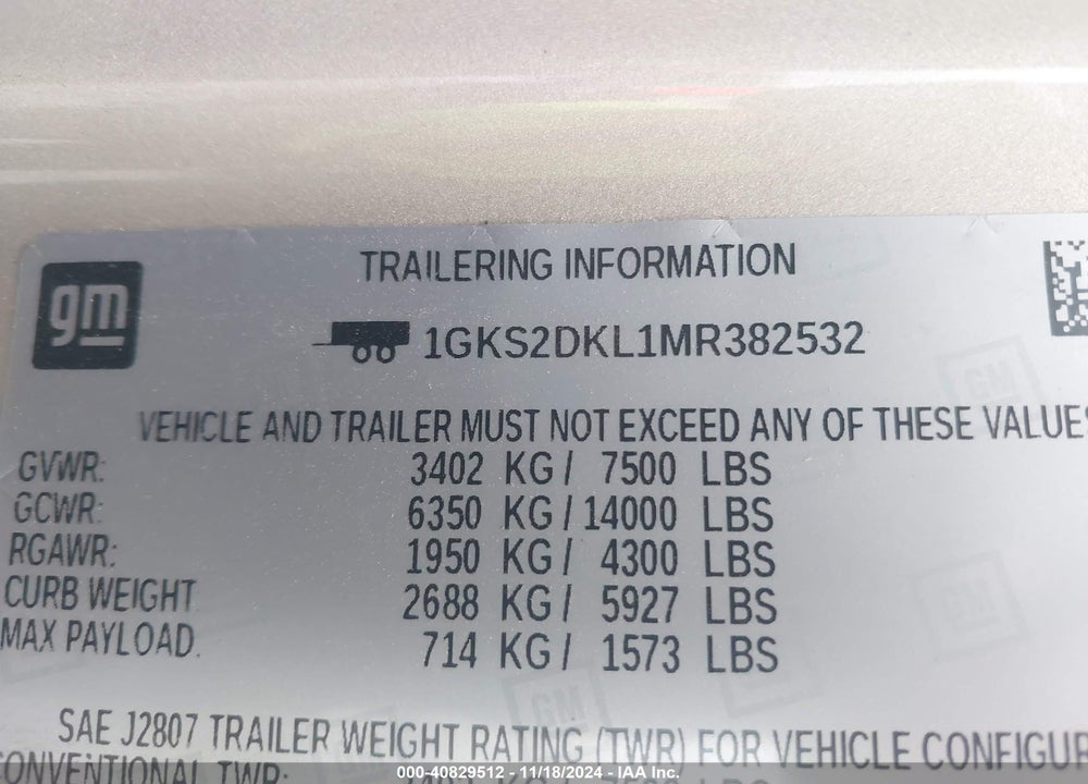 2021 GMC YUKON 4WD DENALI VIN: 1GKS2DKL1MR382532