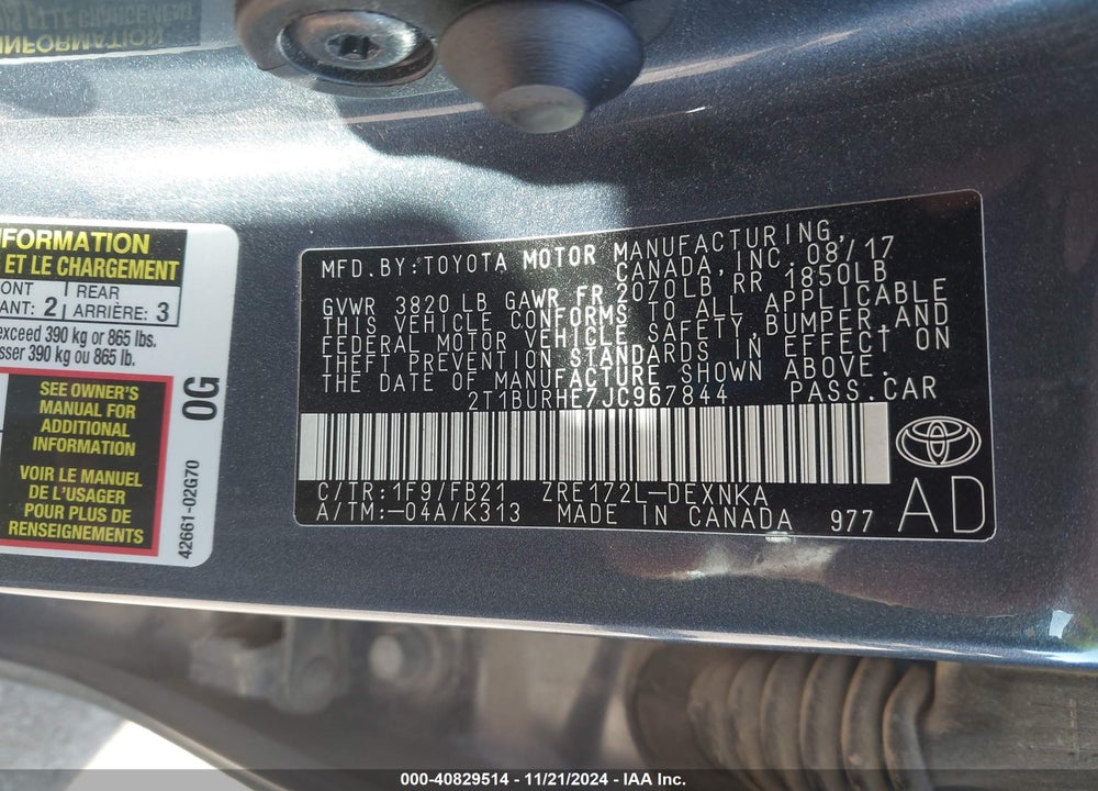 2018 TOYOTA COROLLA VIN: 2T1BURHE7JC967844