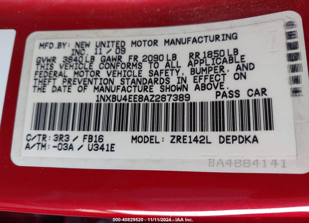 2010 TOYOTA COROLLA VIN: 1NXBU4EE8AZ287389