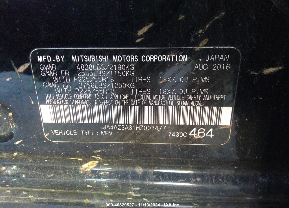 2017 MITSUBISHI OUTLANDER SE VIN: JA4AZ3A31HZ003477