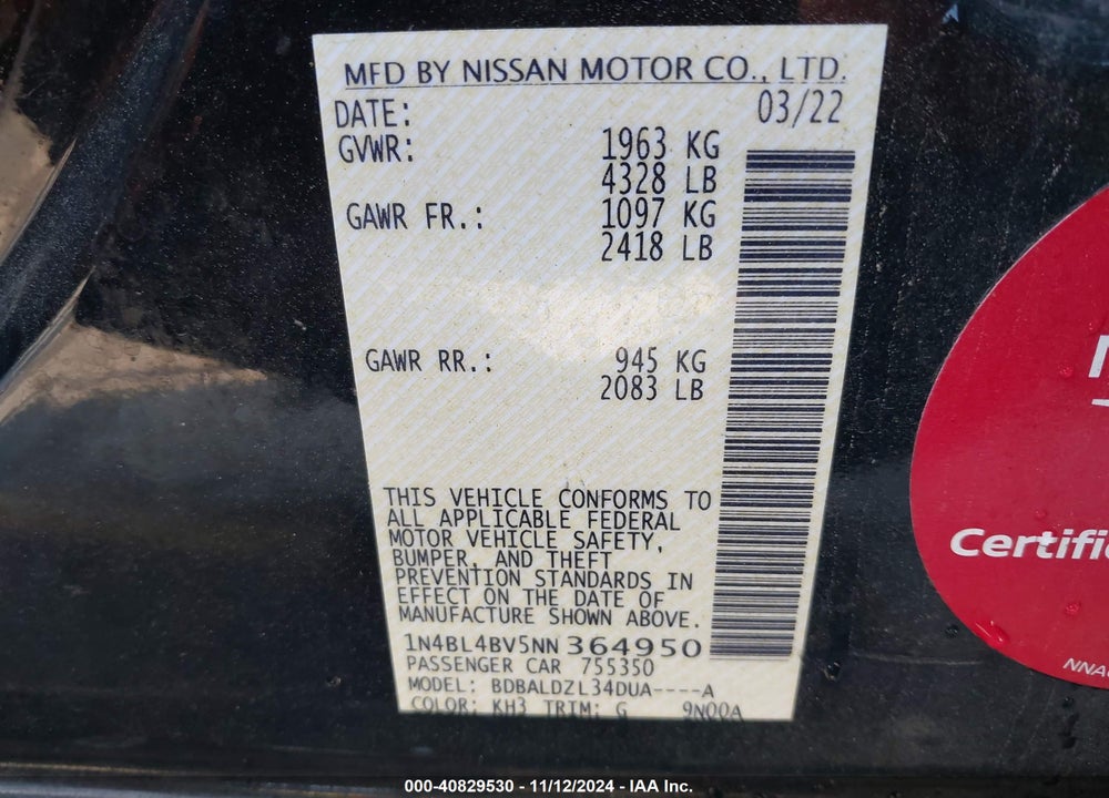 2022 NISSAN ALTIMA VIN: 1N4BL4BV5NN364950
