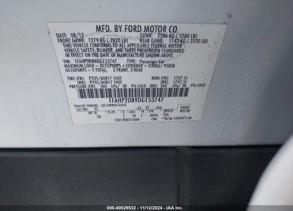 2013 FORD TAURUS SE VIN: 1FAHP2D89DG153747