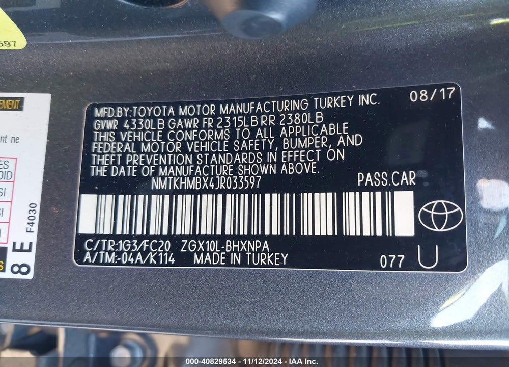 2018 TOYOTA C-HR XLE VIN: NMTKHMBX4JR033597