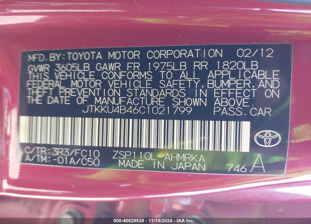 2012 SCION XD VIN: JTKKU4B46C1021799