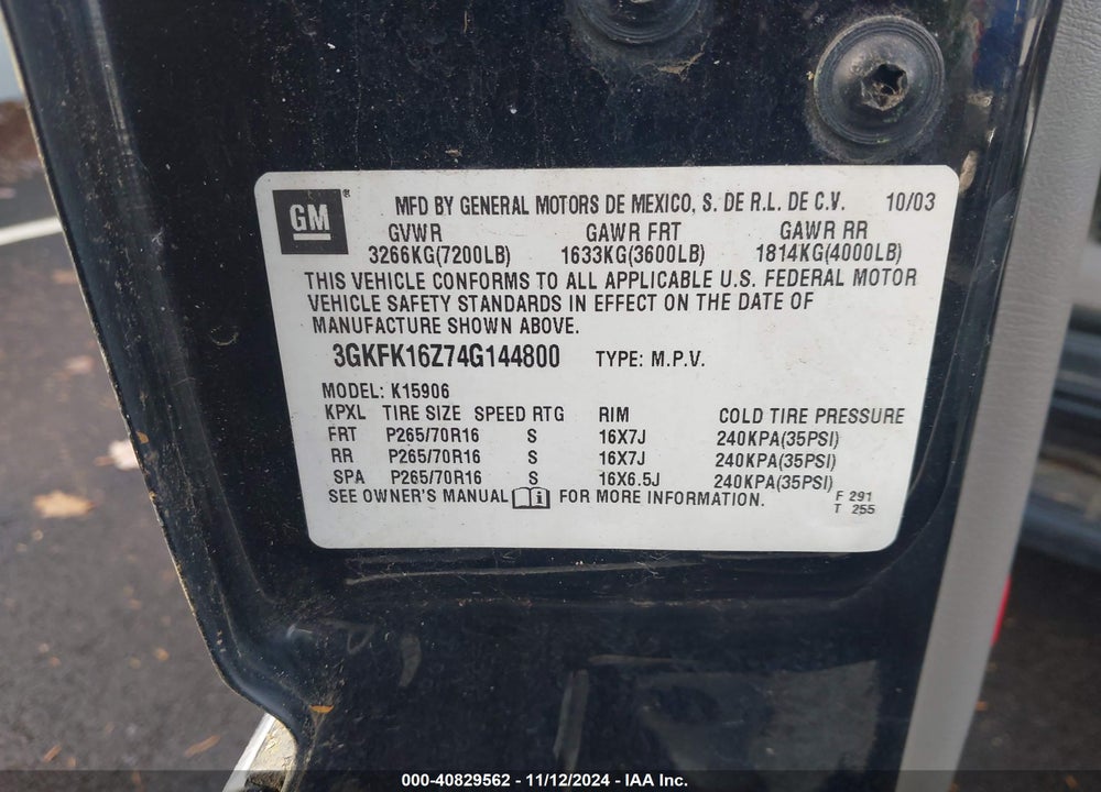2004 GMC YUKON XL SLT VIN: 3GKFK16Z74G144800