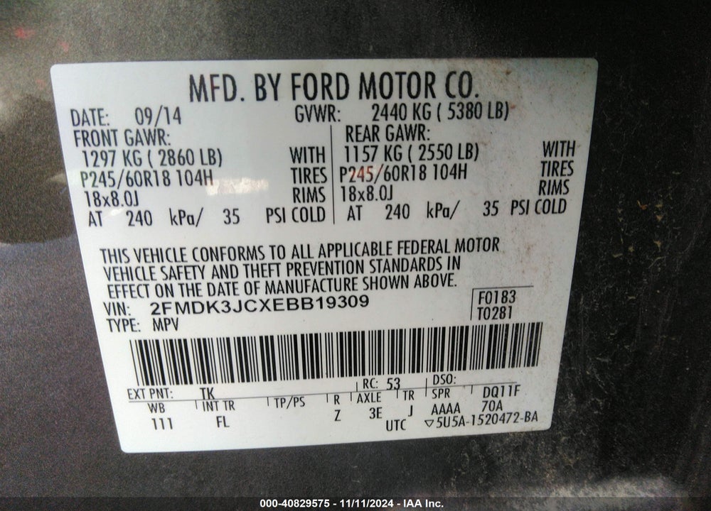 2014 FORD EDGE SEL VIN: 2FMDK3JCXEBB19309