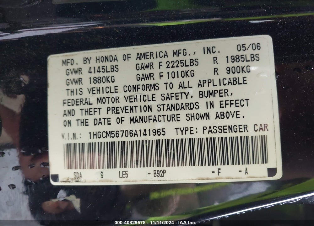 2006 HONDA ACCORD 2.4 EX VIN: 1HGCM56706A141965