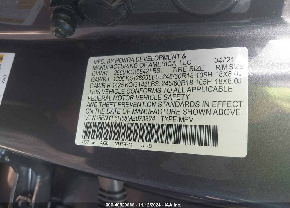 2021 HONDA PILOT AWD EX-L VIN: 5FNYF6H58MB073824